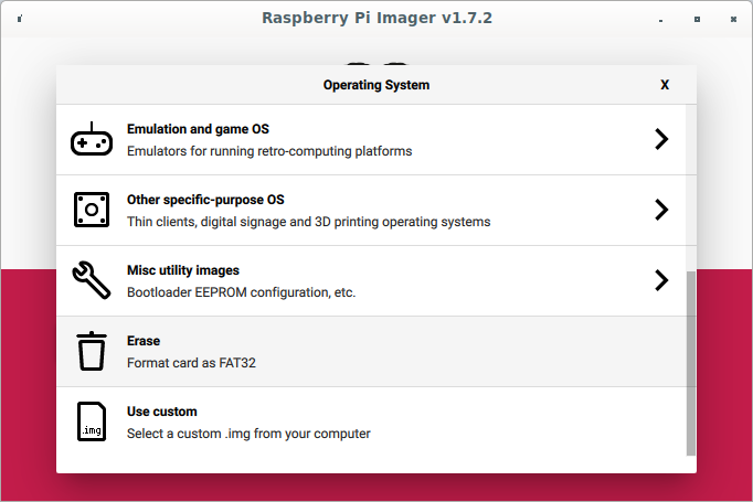 An image of the RPi Imager software screen for selecting an image to be written to the SD card