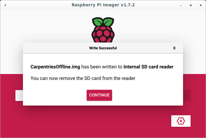 An image of the RPi Imager software screen after the image has been written succesfully.