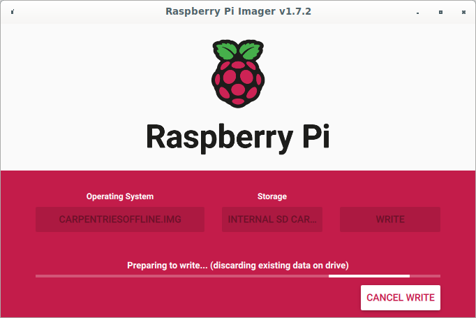 An image of the RPi Imager software screen while writing the image to the SD card