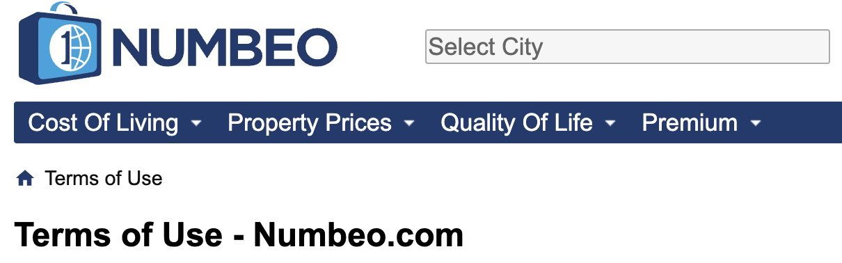 Terms of Use NUMBEO