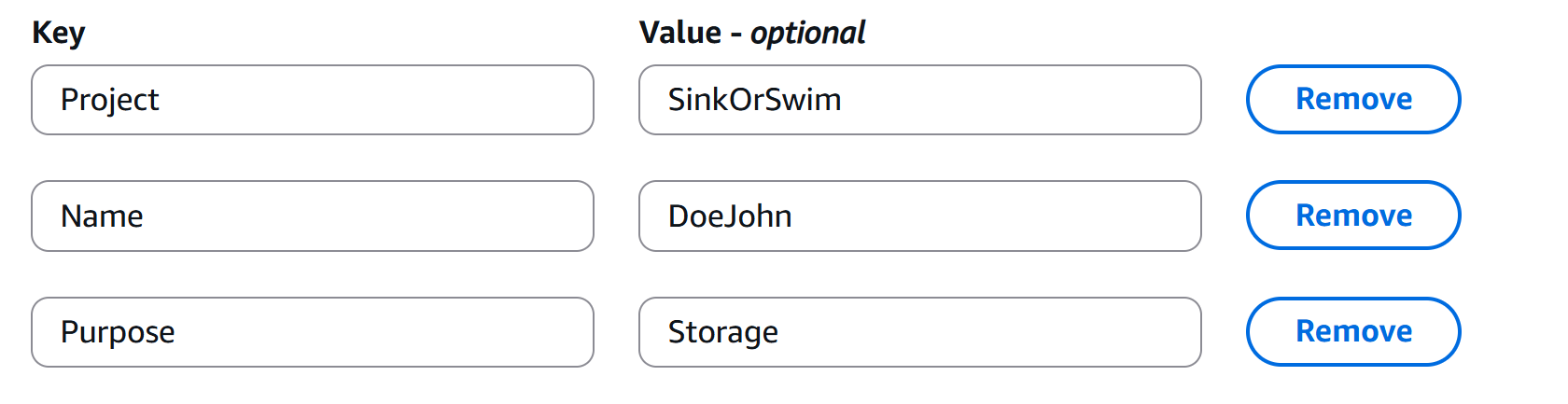 Screenshot showing required tags for an S3 bucket