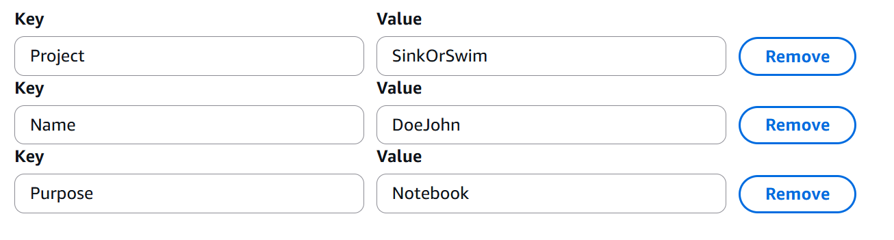 Screenshot showing the three required tags on a SageMaker notebook instance