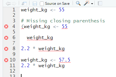 RStudio shows a red x next to a line of code that R doesn’t understand.