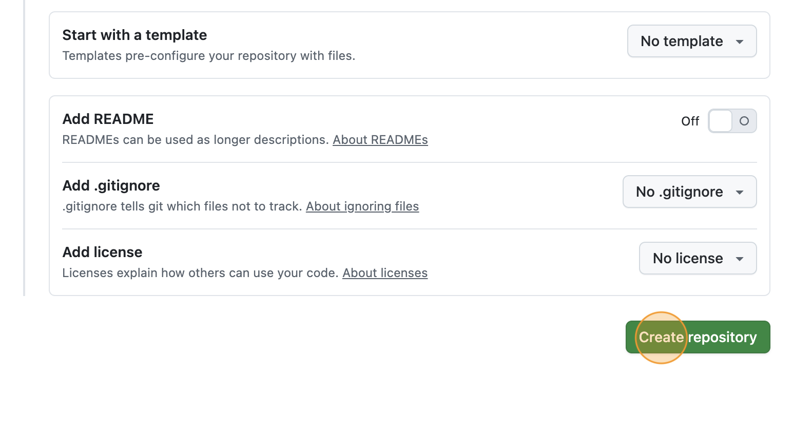 Completing the creation of the GitHub repository by clicking on the 'Create repository' button