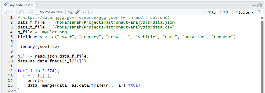 First 16 lines of the `my code v2.R` file, open in RStudio