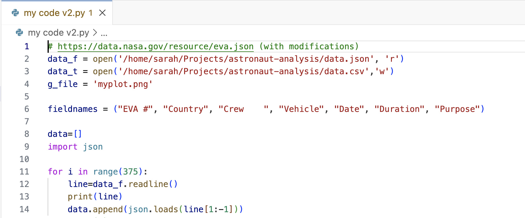 The first few lines of a Python script used as example code for the episode
