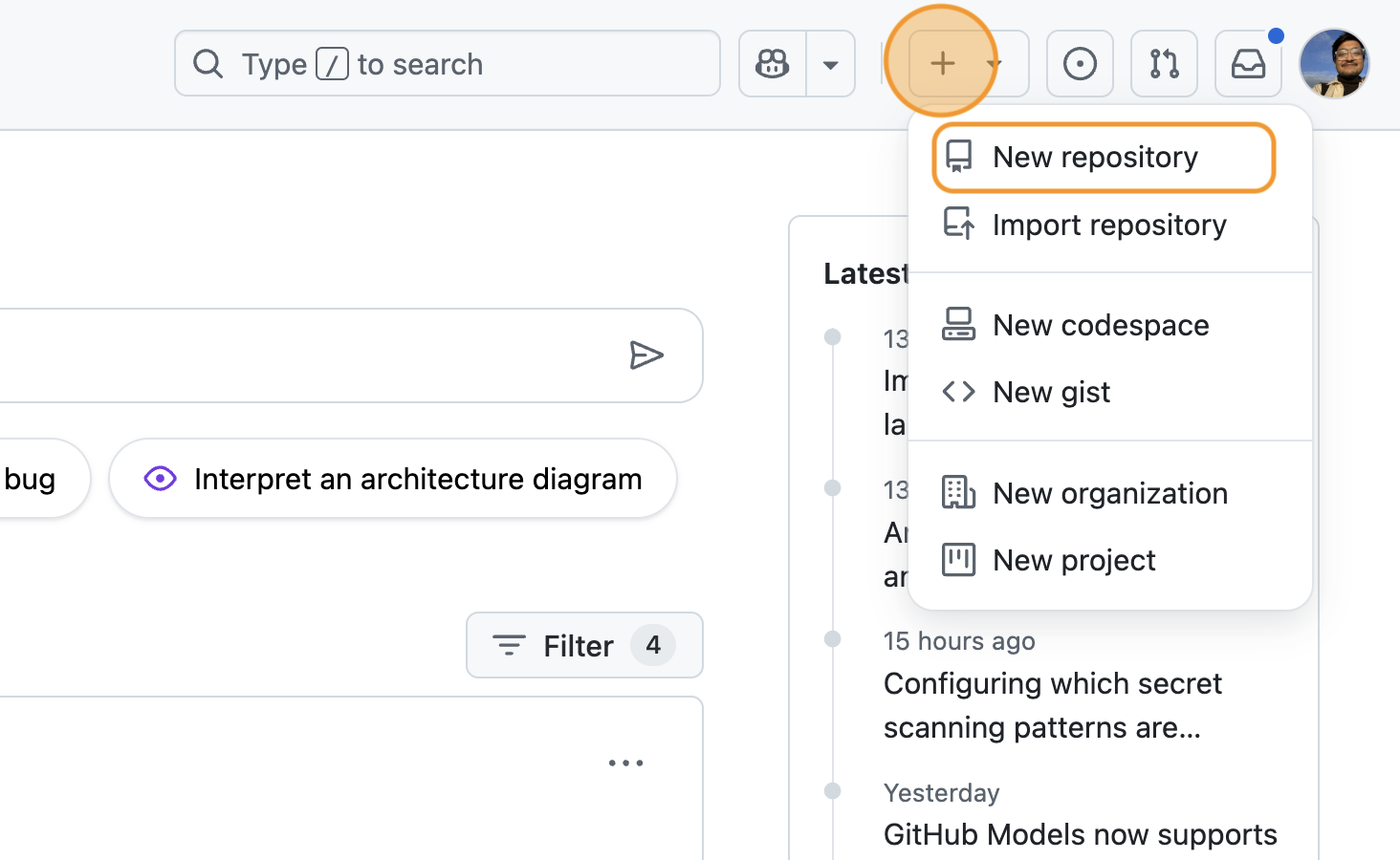 Selecting the 'New repository' option from GitHub's dropdown menu