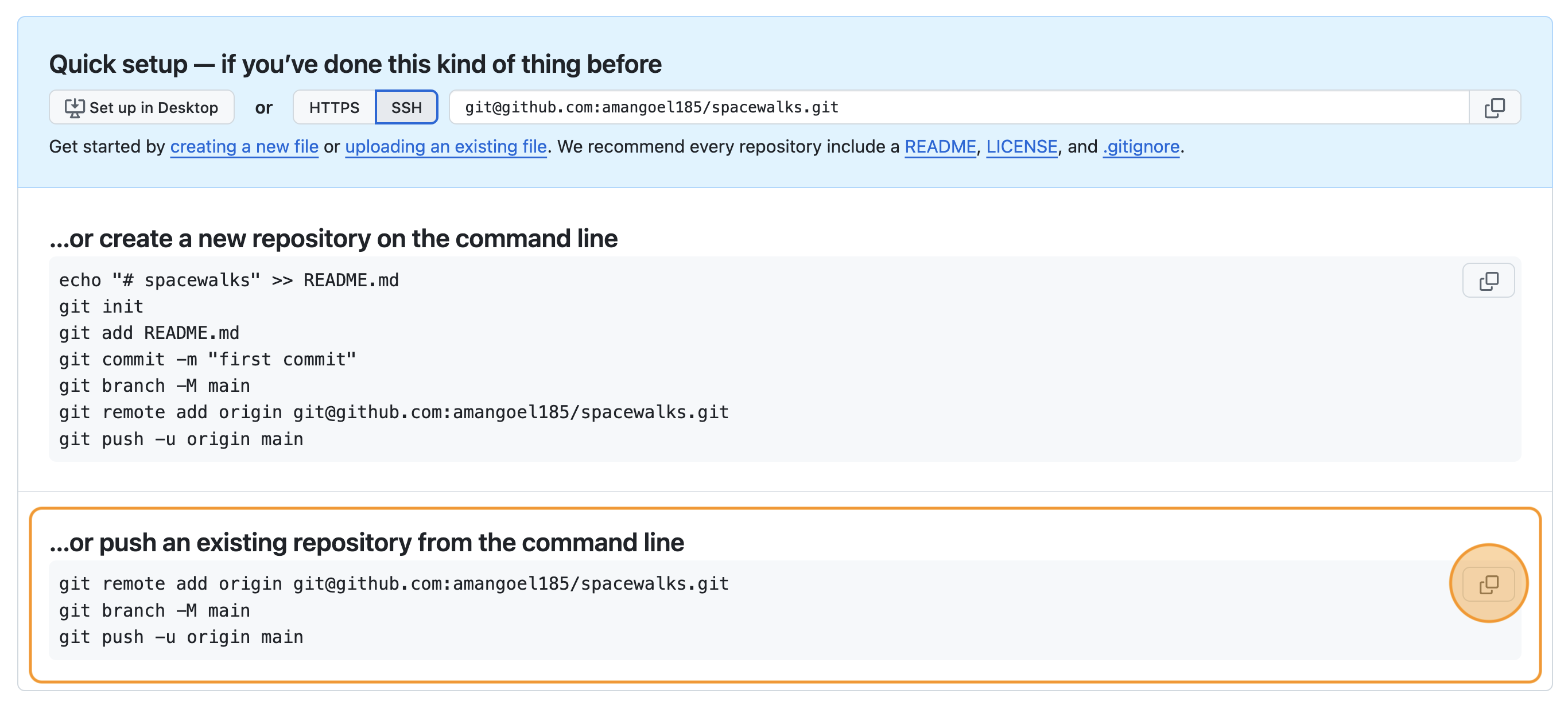 Copying the commands to sync the local and remote repositories