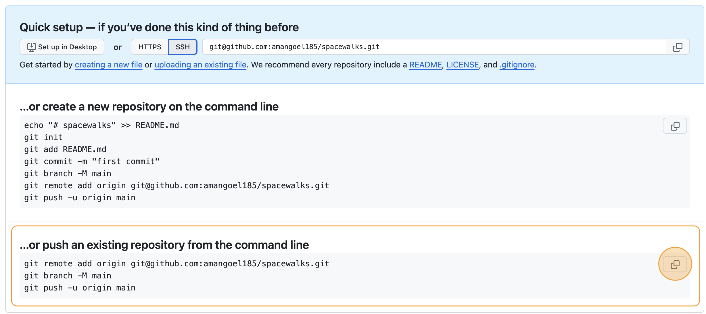 Copying the commands to sync the local and remote repositories from the remote repository's home page on GitHub