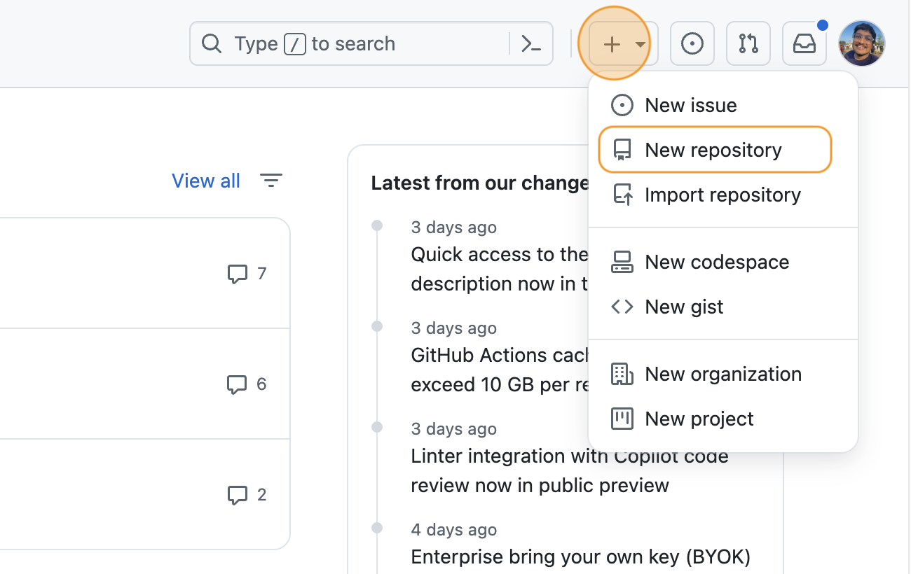 Selecting the 'New repository' option from GitHub's dropdown menu labelled '+'