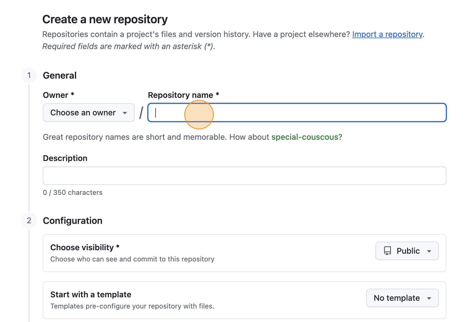 Setting the name of the repository on GitHub through the 'Repository Name' text field