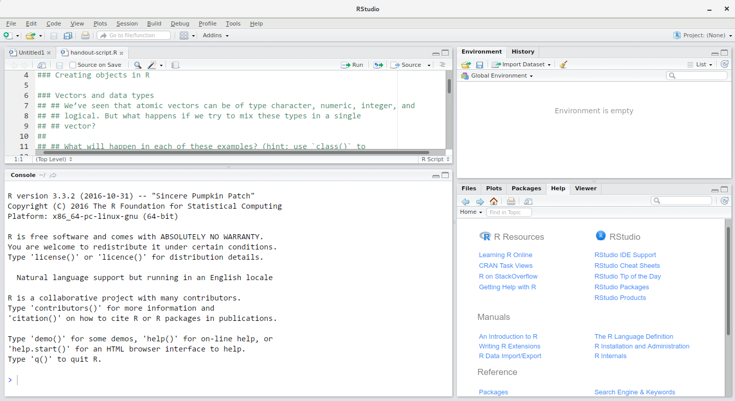 RStudio interface screenshot. Clockwise from top left: Source, Environment/History, Files/Plots/Packages/Help/Viewer, Console.