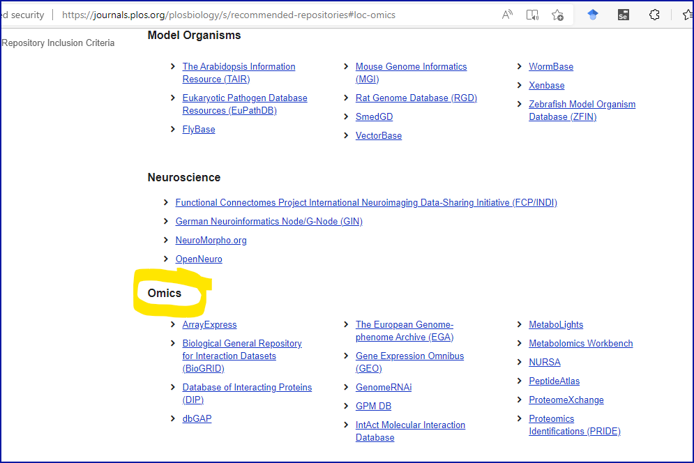 screenshot of Omics section of PLoS webpage