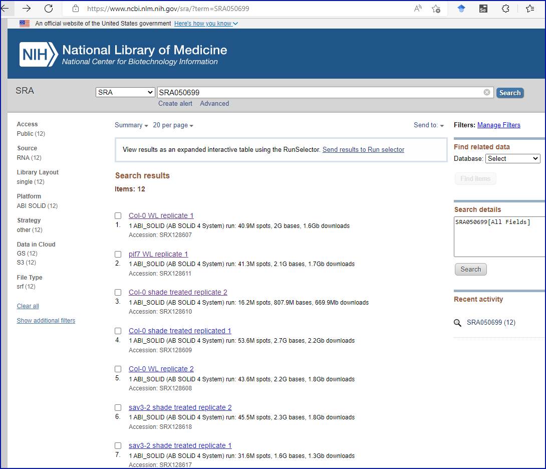 screenshot showing results of a search of the SRA website using the cited accession number