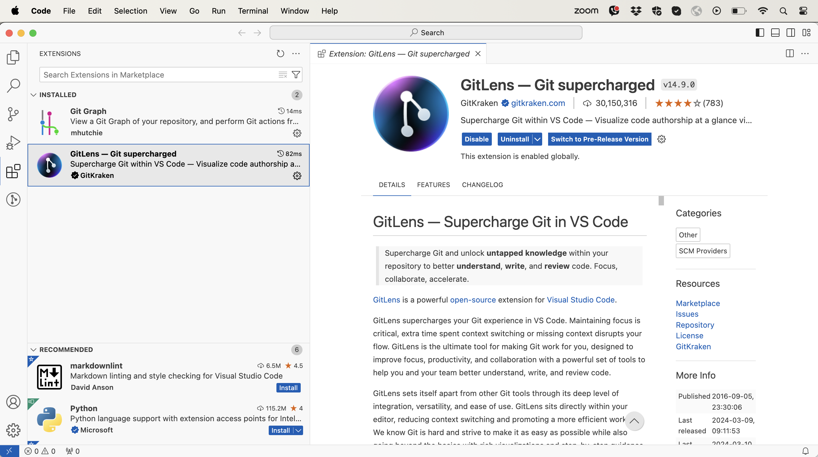 GitLens and Git Graph extensions for VS Code