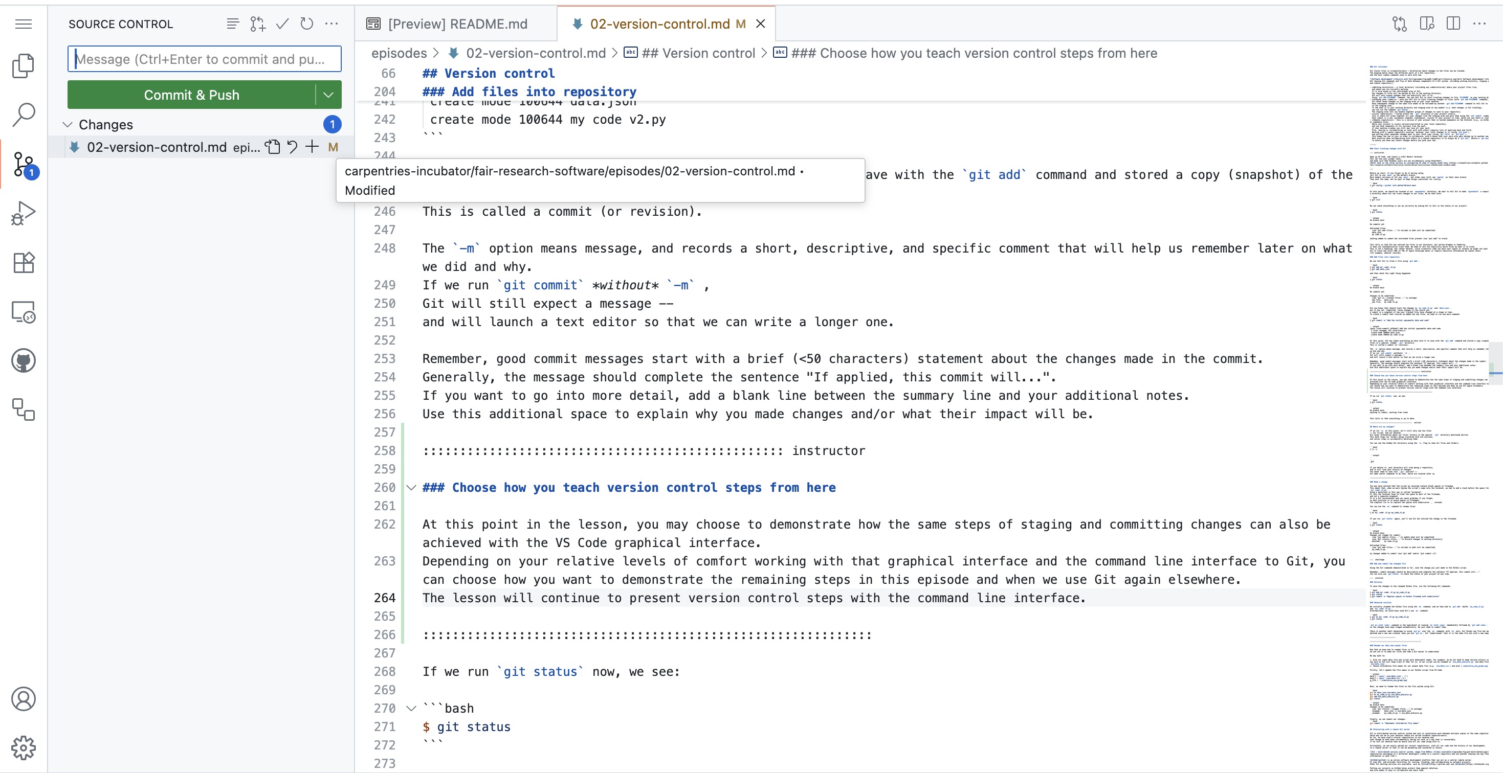 Screenshot of VSCode with the SOURCE CONTROL interface open in the left hand pane of the window. The interface shows one modified file staged for commit, an empty text input box where a commit meesage can be entered, and a green button labeled 'Commit & Push'