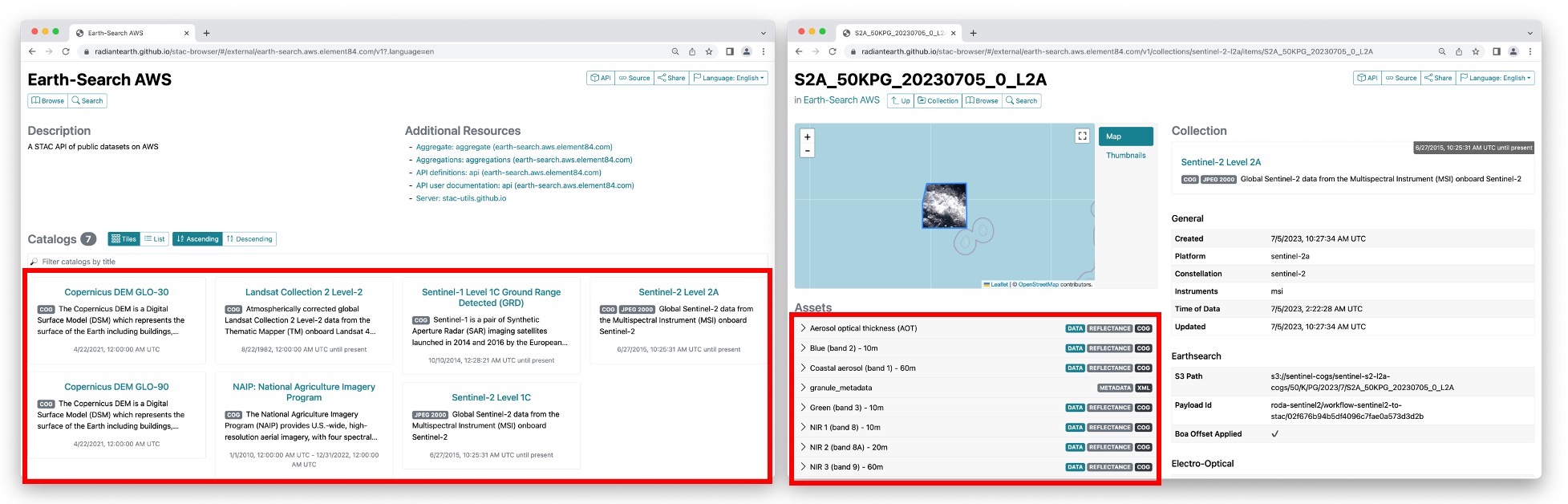 earth-search stac catalog views