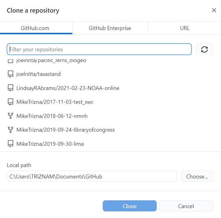 Screenshot of the GitHub Desktop Clone a repository window