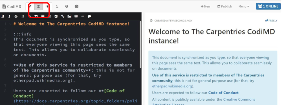 Screenshot of CodiMD showing the Markdown source and rendered preview side by side