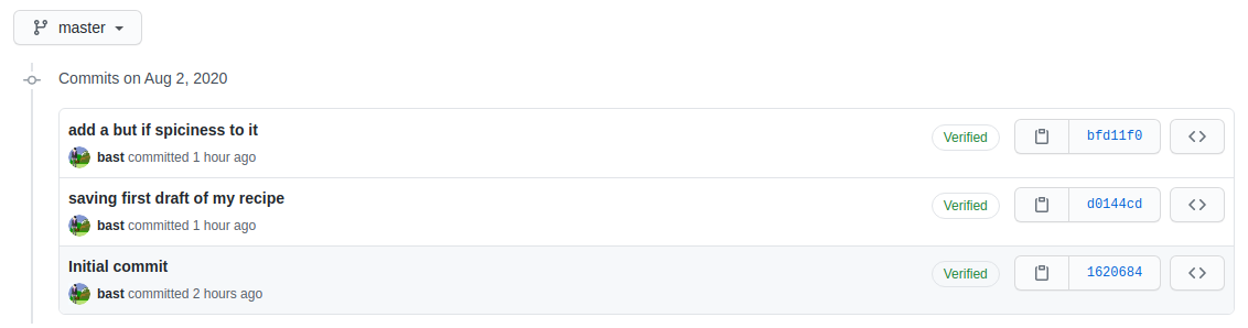 Screenshot of an example commit history with several commits