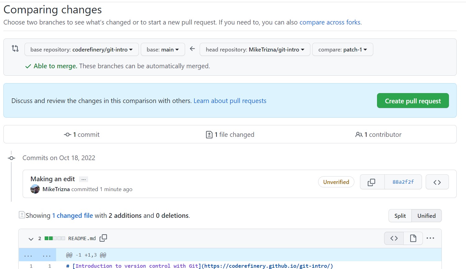 Screenshot of the GitHub Compare Changes page showing a diff of the proposed changes
