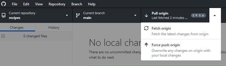Screenshot of GitHub Desktop showing new options in place of Push origin