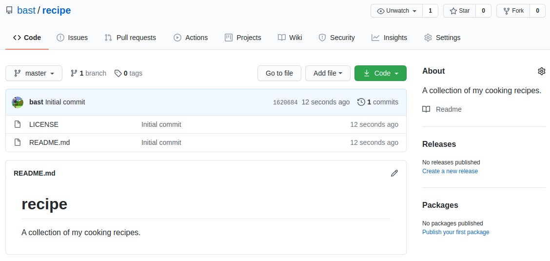 Screenshot of a newly created GitHub repository showing the README and one commit