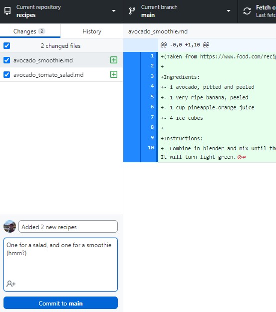 Screenshot of the Changes tab in GitHub Desktop showing new files