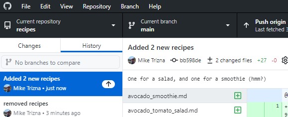 Screenshot of the History tab in GitHub Desktop showing the latest commit