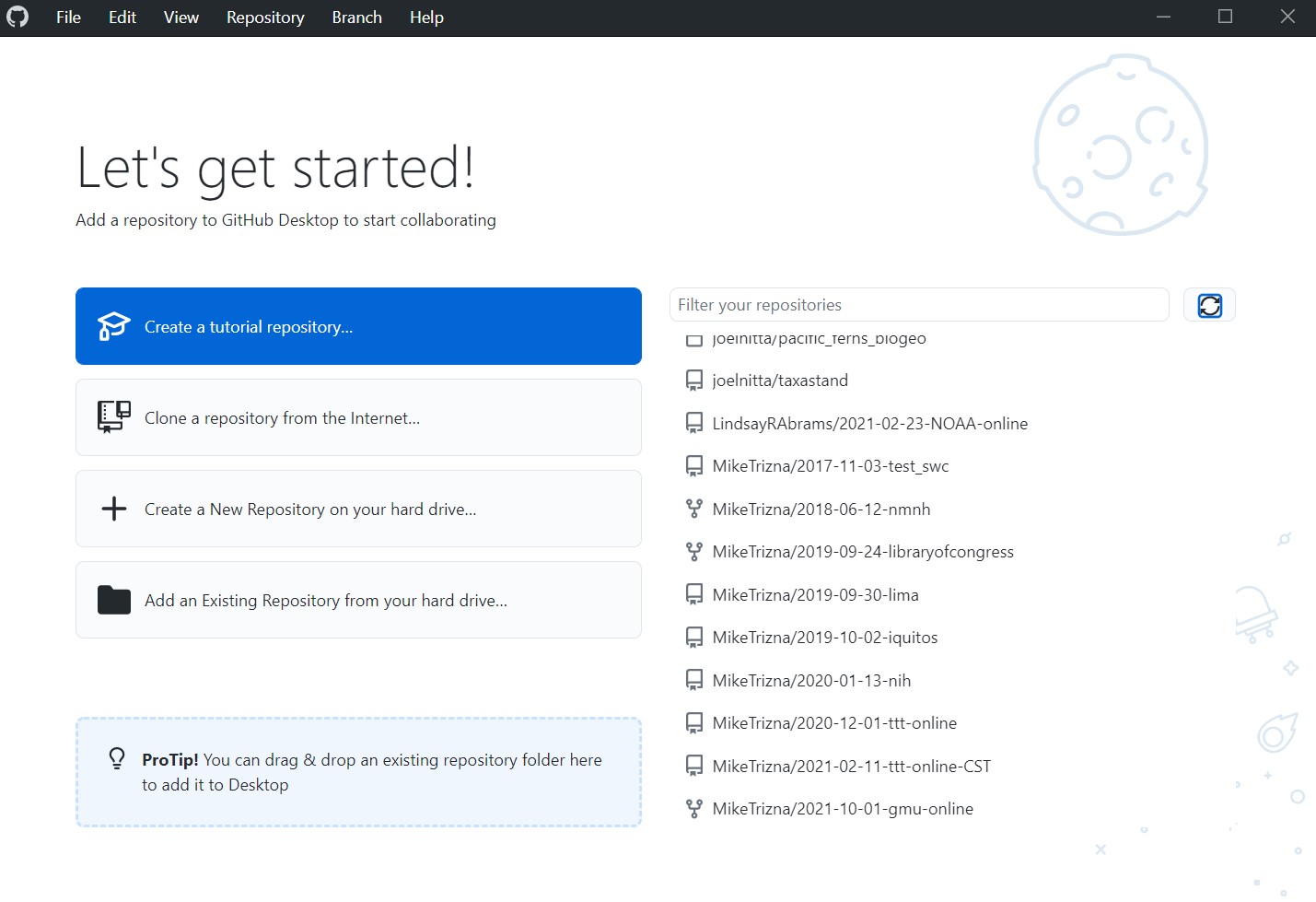 Screenshot of the GitHub Desktop welcome screen