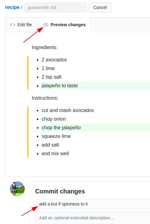 Screenshot of the GitHub file editor showing a diff preview