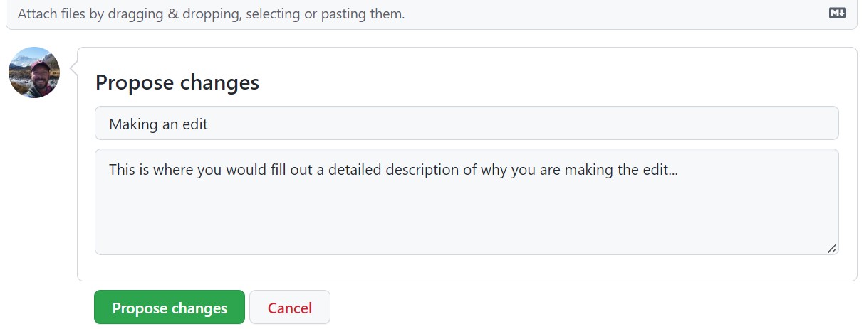 Screenshot of the GitHub commit form showing a Propose changes button instead of Commit changes