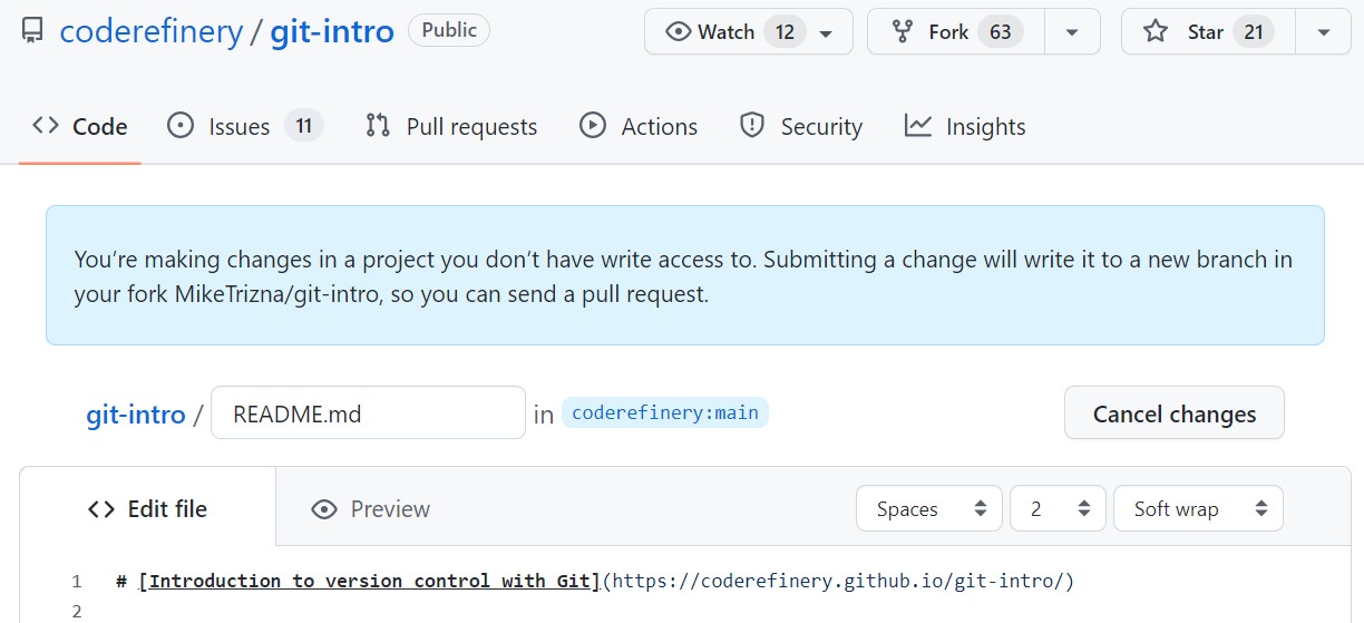 Screenshot of GitHub prompting to fork a repository before editing a file you do not own