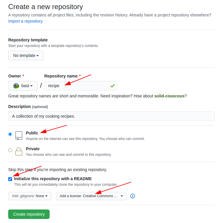 Screenshot of the GitHub new repository creation form