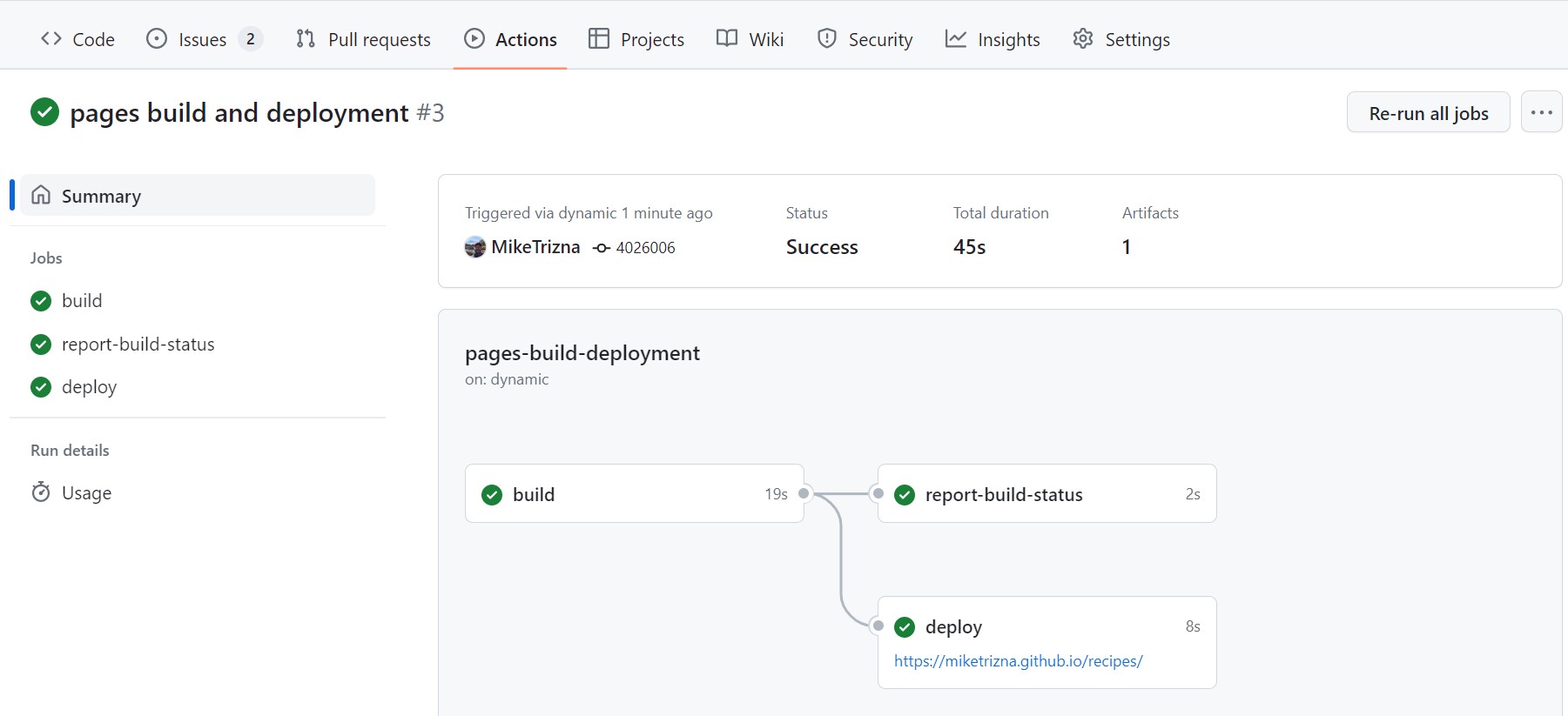 Screenshot of a completed GitHub Actions workflow with a link to the deployed site
