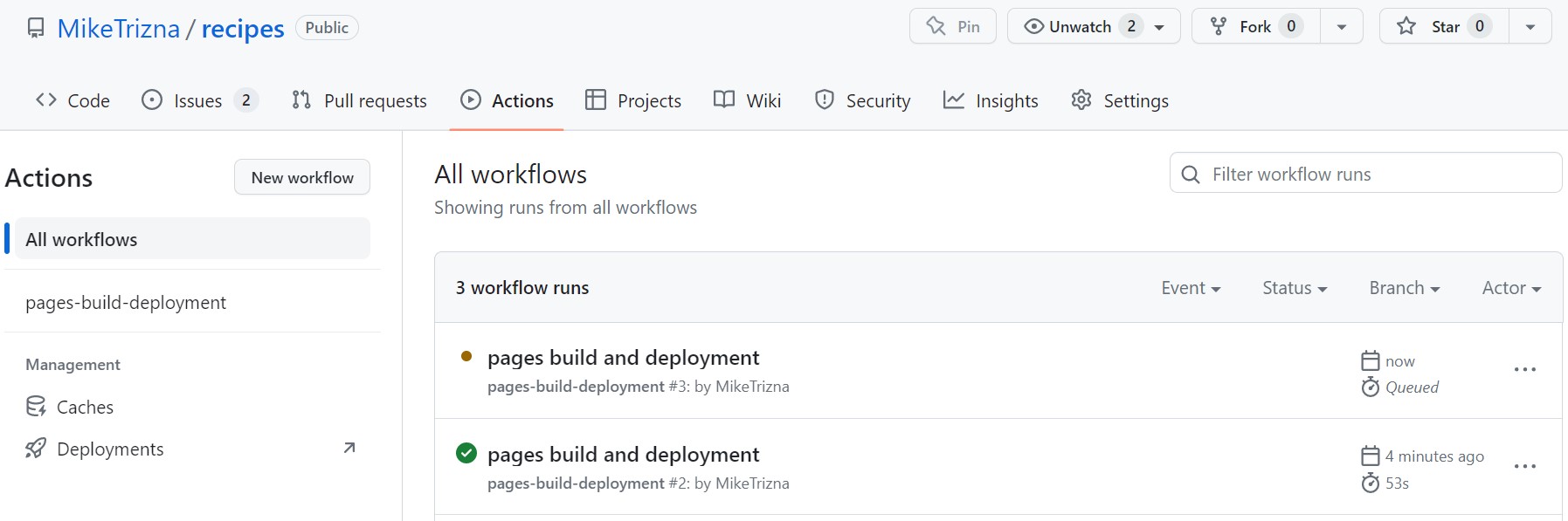 Screenshot of the GitHub Actions page showing a pages build and deployment workflow that was just triggered