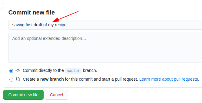 Screenshot of the GitHub commit form for a new file