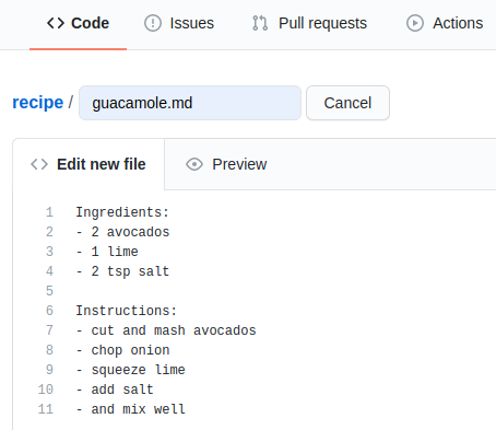 Screenshot of the GitHub web editor with recipe content entered