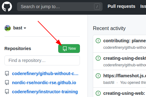 Screenshot of the GitHub interface highlighting the green New button in the top left corner