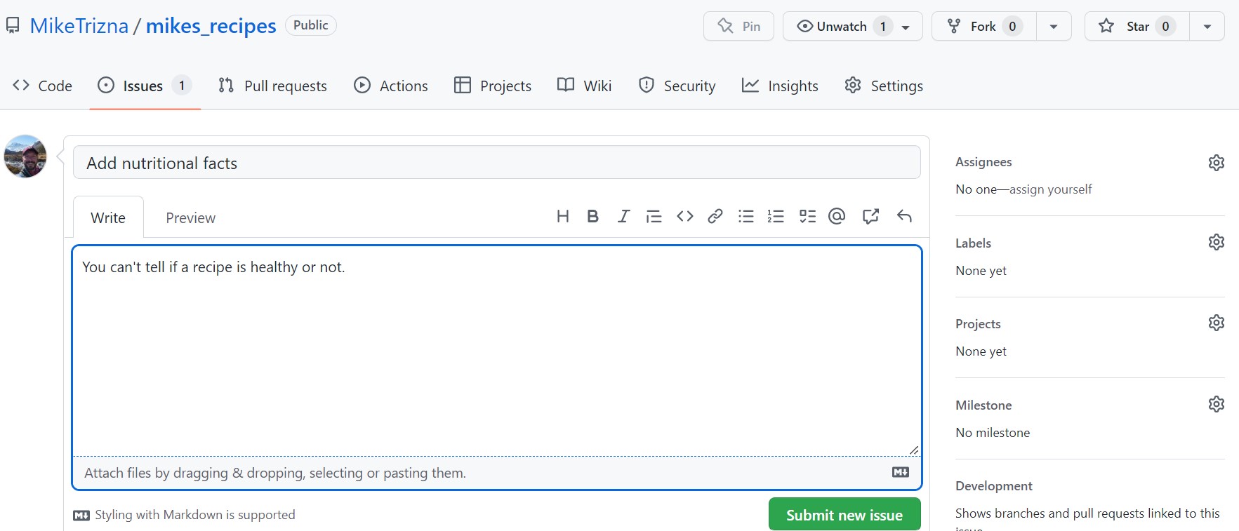 Screenshot of the GitHub new issue form