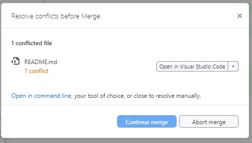 Screenshot of GitHub Desktop warning about merge conflicts that need to be resolved