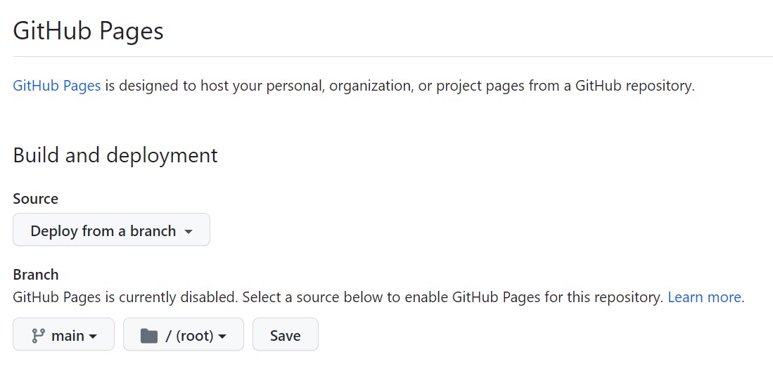 Screenshot showing the GitHub Pages settings with the main branch and root folder selected
