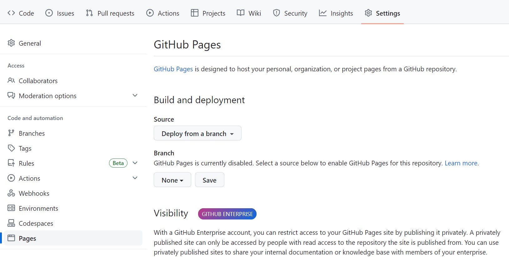 Screenshot showing the GitHub Settings Pages section
