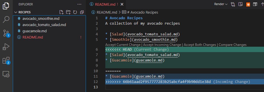 Screenshot of a text editor showing Git conflict markers in the README file
