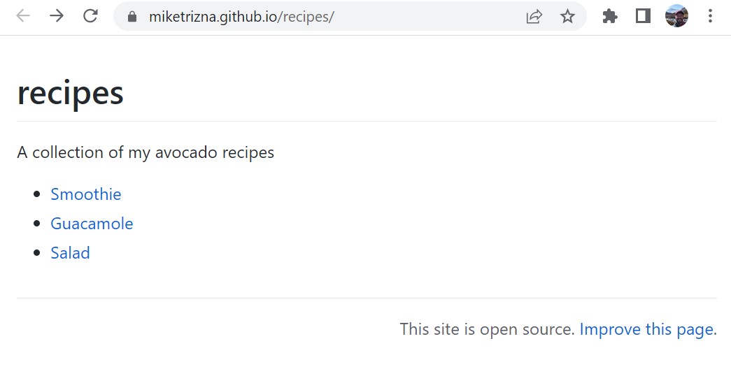 Screenshot of a simple deployed webpage with links to recipes