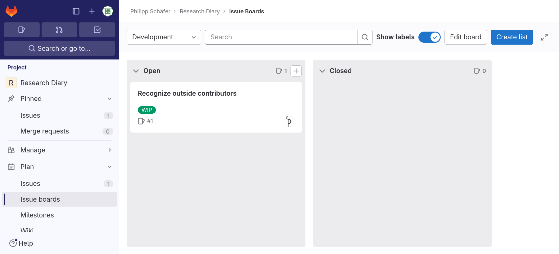 Issue board page with a menu bar on the left and content on the right. At the top of the content area is a drop-down field with “Development” selected followed by a button labeled “New board” a search field, a check box labeled “Show labels”, and two buttons the first labeled “Edit board”, the second “Create list”. Below these elements are two columns, each with a title bar, one titled “Open”, the other “Closed”. In the “Open” column there is a box representing an issue, showing its title “Recognize outside contributors”, a label “WIP”, the issue number “#1” and an avatar of a user.