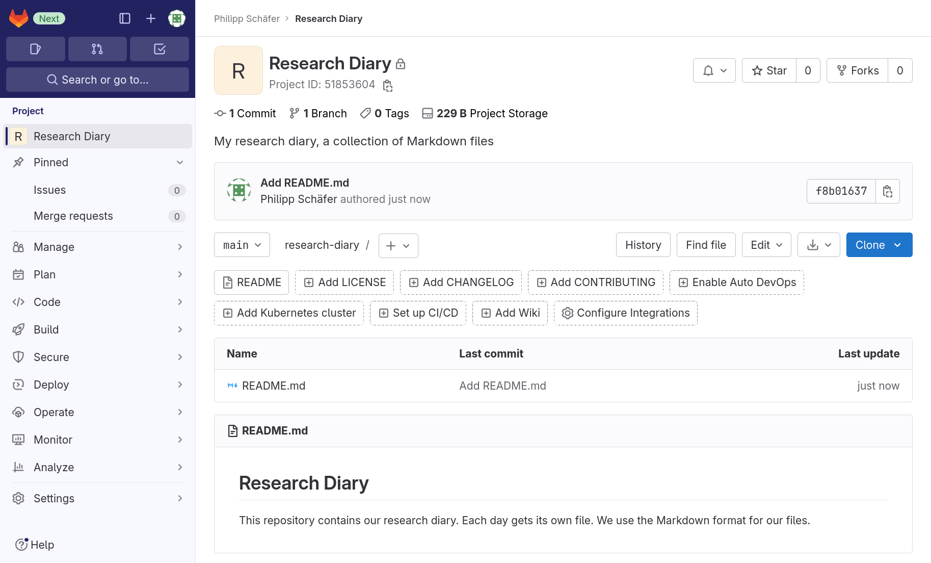 Project homepage of a project. On the left, a menu leading to other project pages. On the right, taking up most of the width, the project homepage. Starting from the top, we first have the project title, Research Diary, followed by a line of statistical values (1 Commit, 1 Branch, 0 Tags, 209B Project Storage). Under these we see the description: “My research diary, a collection of Markdown files”. This is followed by a box giving information on the last commit of the current branch: the commit message “Add README.md”, the authors name and how far in the past the commit was authored, as well as prefix of the commit’s hash with a copy-to-clipboard button. In the next line we see a drop-down field for branches showing “main”, the project slug¸“test”, a drop-down button labeled “+”, and buttons labeled “History”, “Find file”, “Web IDE”, a download symbol, and ”Clone”. This is followed by some buttons that allow to add or upload new files or setup some of GitLab features for the project. Next is a list of files, in this case only `README.md`, with information when it was last updated and through which commit. Finally, we see a rendering of `README.md`.