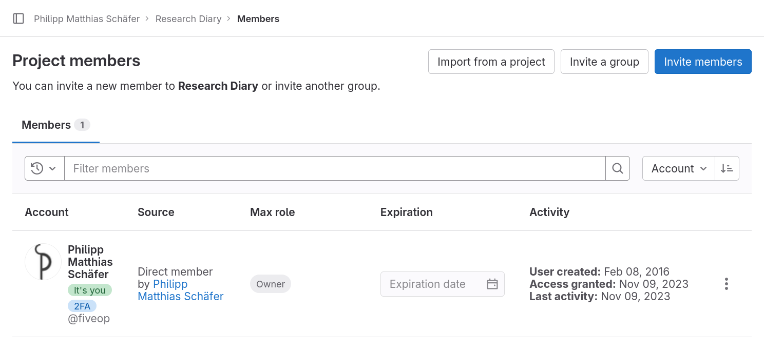 Webpage coutout titled “Project Members” with three buttons next to the title: “Import from a project”, “Invite a group”, and “Invite members”. Below a table listing the project’s members, showing account holder‘s name with account name, the membership source, the member’s maximum role, the membership expiration date, and three activity timestamps: User created, Access granted, and Last activity. The table contains one column: ”Philipp Matthias Schäfer, @fiveop, Direct member Philipp Matthias Schäfer, Owner, no expiration date, and three dates for the activity timestamps.