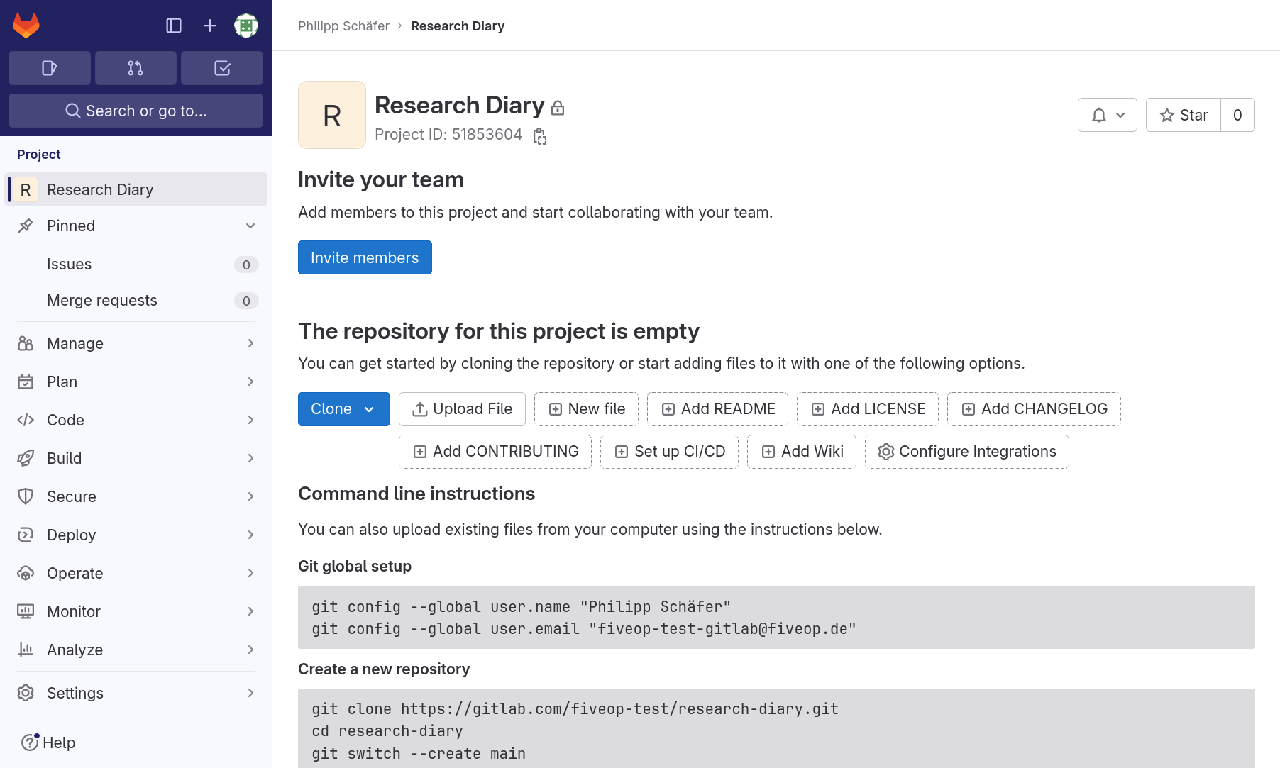Project homepage for a new project. On the left, a menu starting with three buttons for issues, merge requests, and to-do lists, as well as a search field. Those are followed by a list of links and sub-menus: the project name, open sub-menu Pinned with items Issues and Merge requests, sub-menus Manage, Plan, Code, Build, Secure, Deploy, Operate, Monitor, Analyze, Settings, and Help. On the right, taking up the major part of the page width, the project page: Starting at the top, the project’s name “Research Diary“, an encouragement to “Invite your team” with a button “Invite members”, the statement that “The repository for this project is empty” with various buttons for getting initial content into the repository. At the bottom, the beginning of instructions on how to push an existing repository are visible, but cut off.