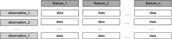 A Schematic of the arrangement of Tabular Data with columns/features rows/observations